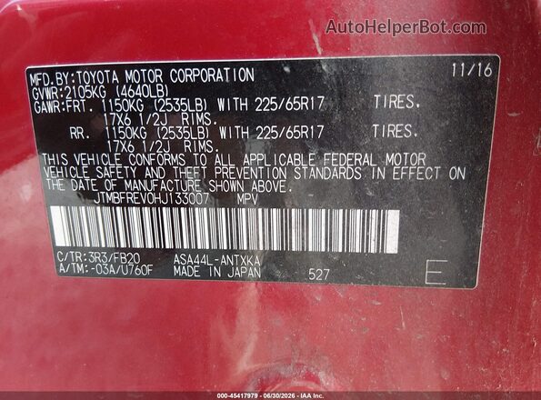 JTMBFREV0HJ133007 2017 TOYOTA RAV4 Red Widok komory silnika