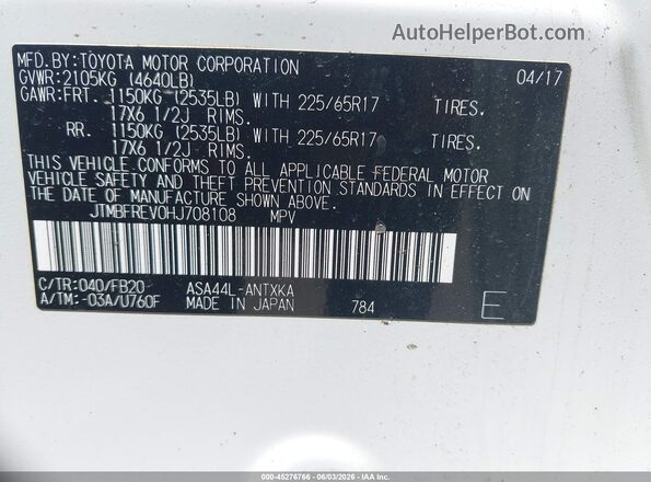 JTMBFREV0HJ708108 2017 TOYOTA RAV4 White Вид підкапотного простору