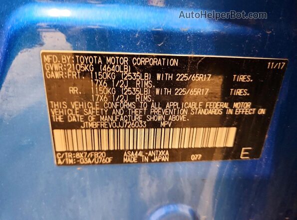 JTMBFREV0JJ726033 2018 TOYOTA RAV4 Blue Вид наклейки з VIN-кодом