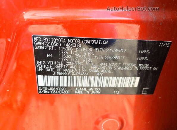 JTMBFREV1GJ054864 2016 TOYOTA RAV4 Оранжевый Вид наклейки с VIN-кодом