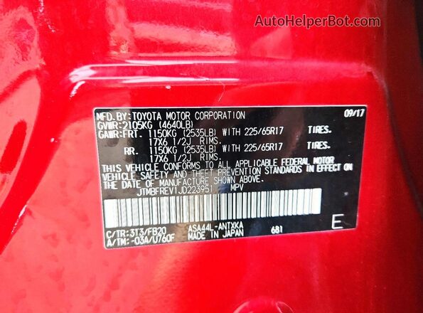 JTMBFREV1JD223951 2018 TOYOTA RAV4 Red VIN sticker view