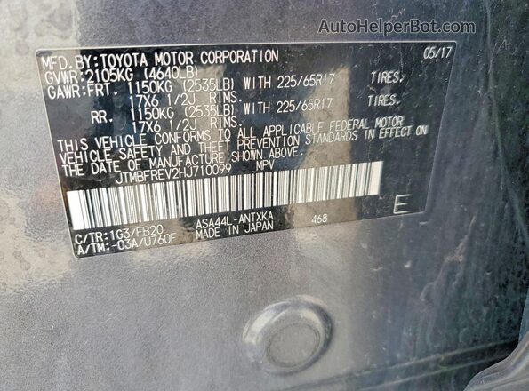 JTMBFREV2HJ710099 2017 TOYOTA RAV4 Charcoal Vista de la etiqueta del VIN