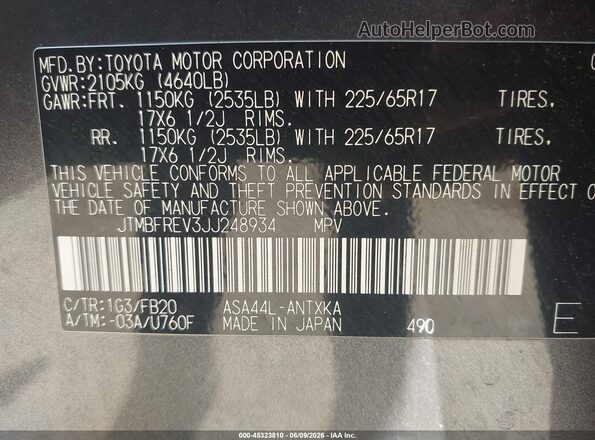 JTMBFREV3JJ248934 2018 TOYOTA RAV4 Black Շարժիչի բաժամունքի տեսք