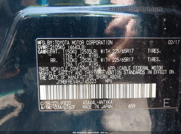 JTMBFREV4HJ145323 2017 TOYOTA RAV4 Dark Blue Vista del compartimento del motor