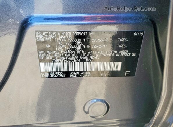 JTMBFREV4JJ732644 2018 TOYOTA RAV4 Gray VIN կոդի պիտակի տեսք
