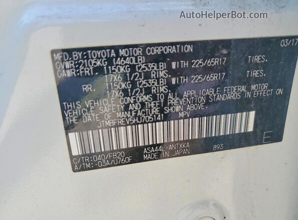 JTMBFREV5HJ705141 2017 TOYOTA RAV4 White 