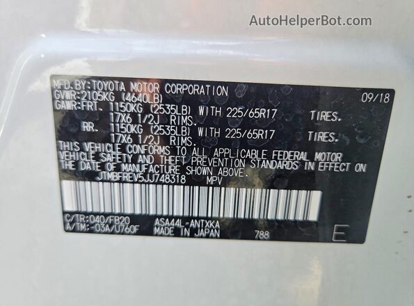 JTMBFREV5JJ748318 2018 TOYOTA RAV4 White Widok wnętrza 360 stopni