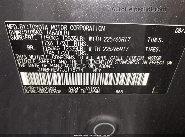 JTMBFREV7JJ178774 2018 TOYOTA RAV4 Gray Շարժիչի բաժամունքի տեսք