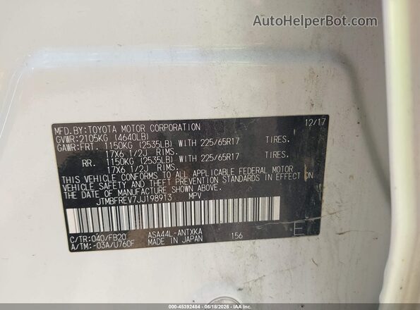 JTMBFREV7JJ198913 2018 TOYOTA RAV4 White ძრავის განყოფილების ხედი