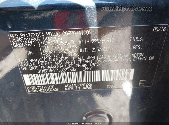 JTMBFREV7JJ232882 2018 TOYOTA RAV4 Blue Вид підкапотного простору