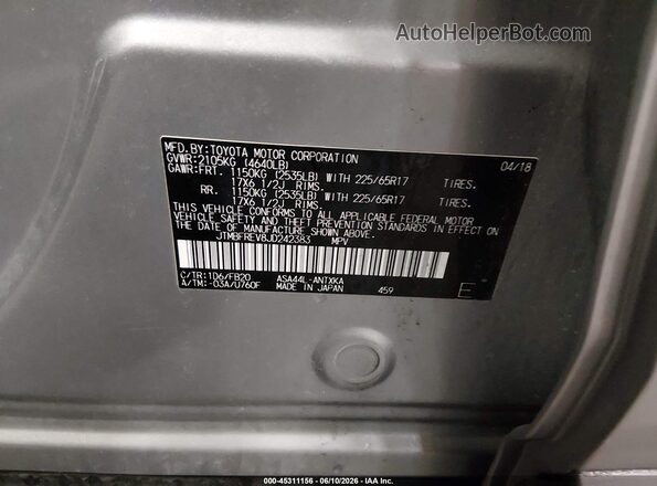 JTMBFREV8JD242383 2018 TOYOTA RAV4 Gray Vista del compartimento del motor