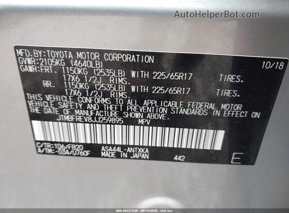 JTMBFREV8JJ259895 2018 TOYOTA RAV4 Silver 