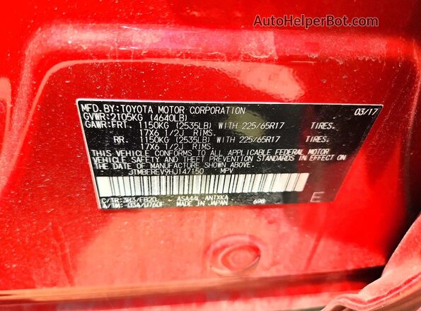 JTMBFREV9HJ147150 2017 TOYOTA RAV4 Red 