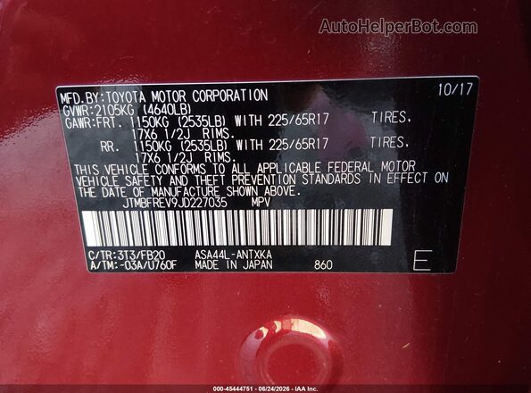 JTMBFREV9JD227035 2018 TOYOTA RAV4 Red ძრავის განყოფილების ხედი