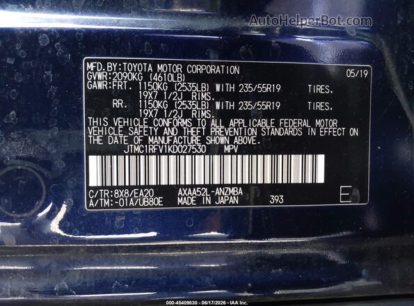 JTMC1RFV1KD027530 2019 TOYOTA RAV4 Blue Շարժիչի բաժամունքի տեսք