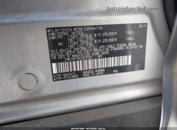 JTMC1RFV2KD027035 2019 TOYOTA RAV4 Silver 