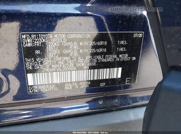 JTMD6RFV6LD005806 2020 TOYOTA RAV4 HYBRID Blue ძრავის განყოფილების ხედი