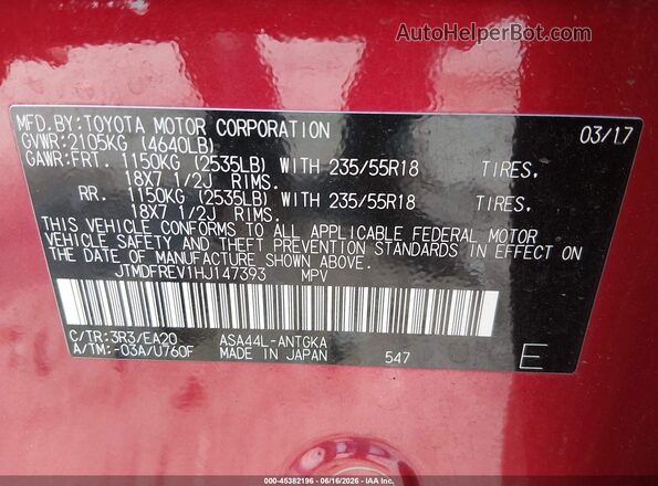 JTMDFREV1HJ147393 2017 TOYOTA RAV4 Red Vista del compartimento del motor