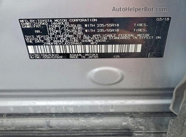 JTMDFREV1JD239463 2018 TOYOTA RAV4 Gray VIN sticker view