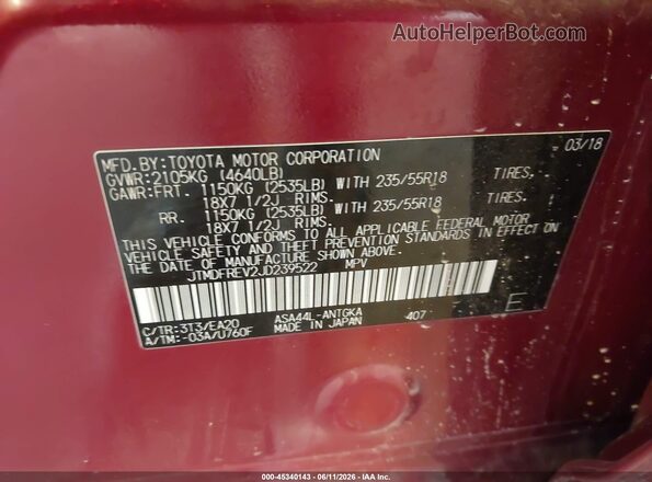 JTMDFREV2JD239522 2018 TOYOTA RAV4 Red Vista del compartimento del motor