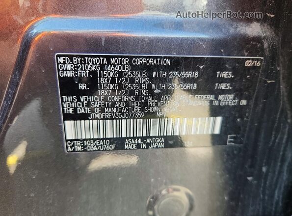 JTMDFREV3GJ077359 2016 TOYOTA RAV4 Charcoal Vista de la etiqueta del VIN