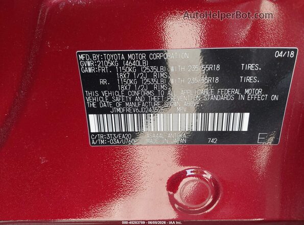 JTMDFREV6JD243525 2018 TOYOTA RAV4 Red Engine compartment view