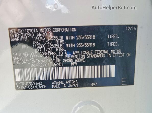JTMDFREVXHJ136201 2017 TOYOTA RAV4 White VIN sticker view