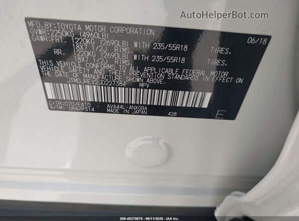 JTMDJREV2JD227384 2018 TOYOTA RAV4 HYBRID White 