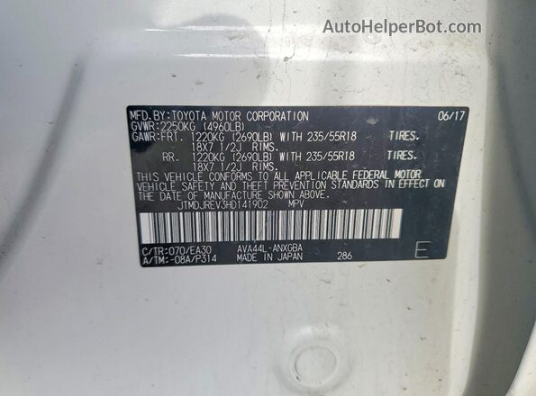JTMDJREV3HD141902 2017 TOYOTA RAV4 White Widok naklejki z numerem VIN