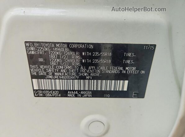 JTMDJREV4GD004479 2016 TOYOTA RAV4 White VIN sticker view