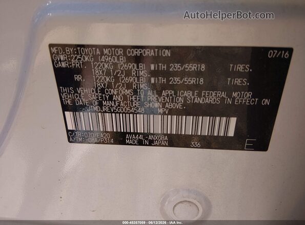 JTMDJREV5GD054548 2016 TOYOTA RAV4 HYBRID White Widok komory silnika