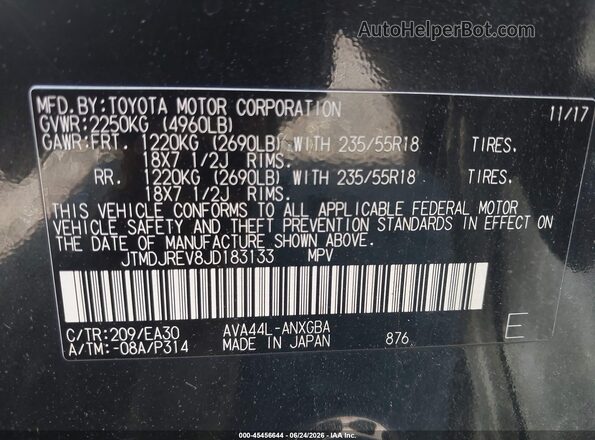 JTMDJREV8JD183133 2018 TOYOTA RAV4 HYBRID Black Շարժիչի բաժամունքի տեսք