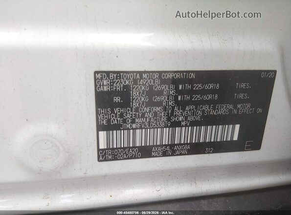 JTMDWRFV3LD533819 2020 TOYOTA RAV4 HYBRID White Вид підкапотного простору