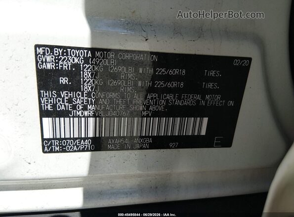 JTMDWRFV8LJ040767 2020 TOYOTA RAV4 HYBRID White ძრავის განყოფილების ხედი