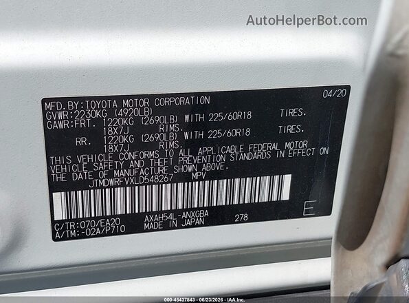 JTMDWRFVXLD548267 2020 TOYOTA RAV4 HYBRID White Շարժիչի բաժամունքի տեսք