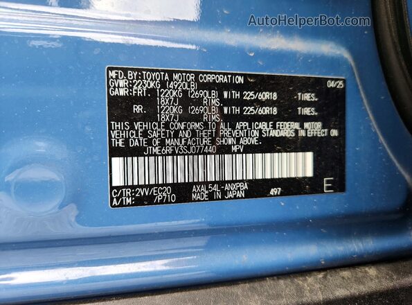 JTME6RFV3SJ077440 2025 TOYOTA RAV4 Blue VIN կոդի պիտակի տեսք