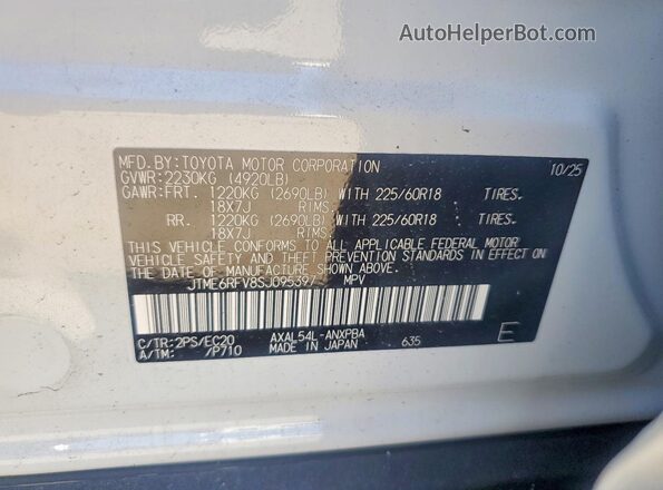 JTME6RFV8SJ095397 2025 TOYOTA RAV4 White VIN sticker view