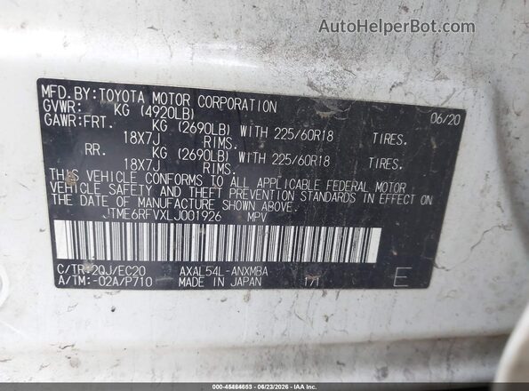 JTME6RFVXLJ001926 2020 TOYOTA RAV4 HYBRID White Вид підкапотного простору