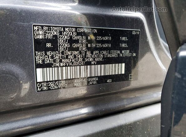 JTMEWRFV1KJ005247 2019 TOYOTA RAV4 Gray Vista de la etiqueta del VIN