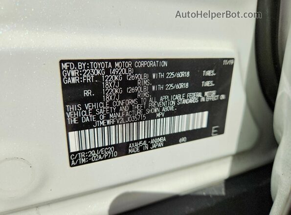 JTMEWRFV2LJ035715 2020 TOYOTA RAV4 White VIN կոդի պիտակի տեսք