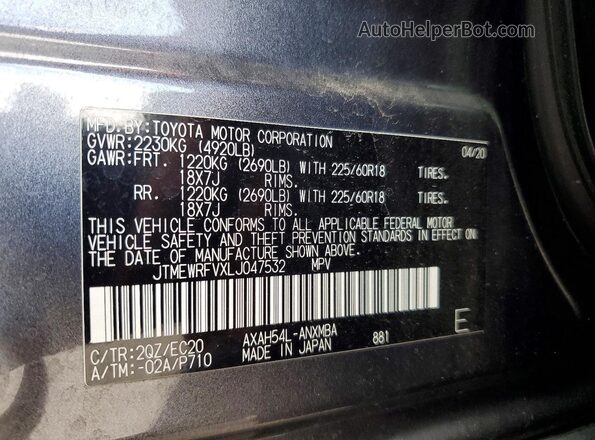JTMEWRFVXLJ047532 2020 TOYOTA RAV4 Gray Սալոնի 360 աստիճան տեսք