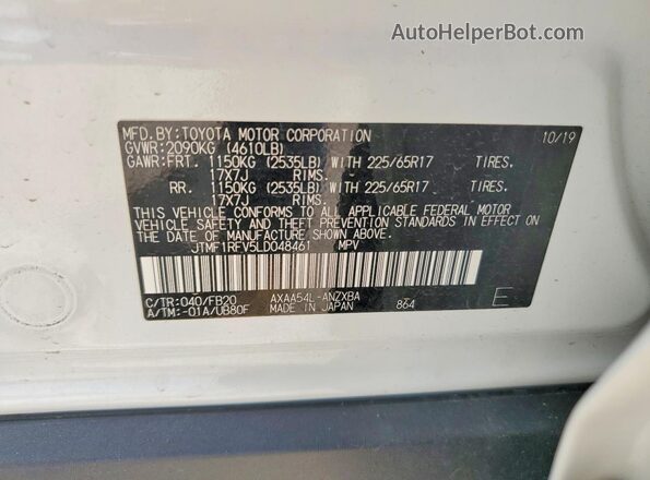 JTMF1RFV5LD048461 2020 TOYOTA RAV4 White VIN sticker view