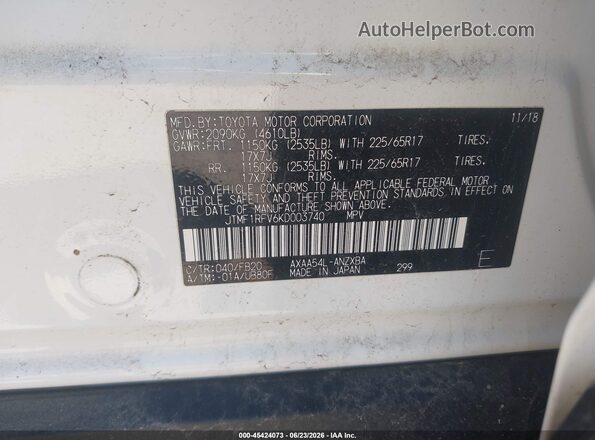 JTMF1RFV6KD003740 2019 TOYOTA RAV4 White Engine compartment view