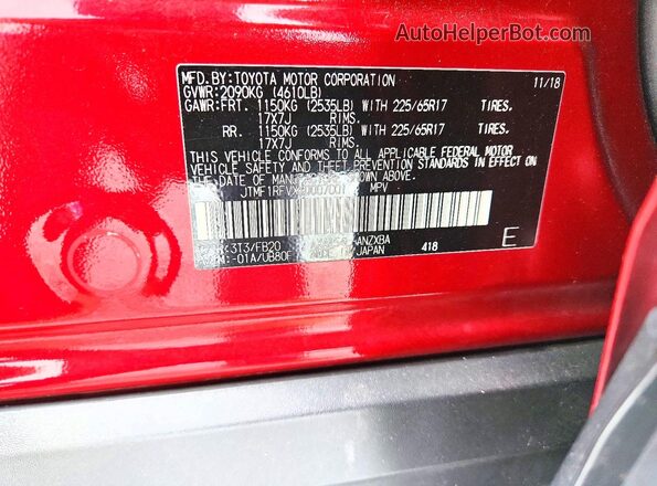JTMF1RFVXKD007001 2019 TOYOTA RAV4 Бордовый Вид наклейки с VIN-кодом