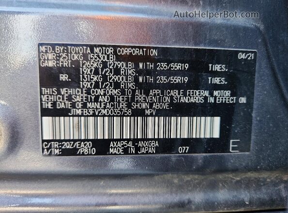 JTMFB3FV2MD035758 2021 TOYOTA RAV4 Gray Սալոնի 360 աստիճան տեսք