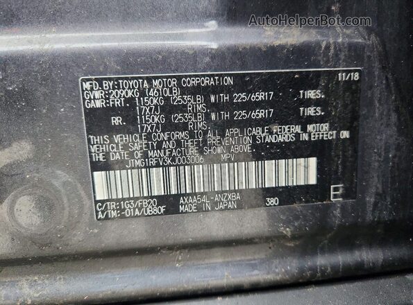 JTMG1RFV3KJ003006 2019 TOYOTA RAV4 Gray Вид наклейки з VIN-кодом