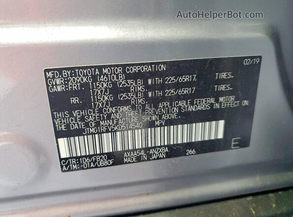 JTMG1RFV5KD514540 2019 TOYOTA RAV4 Silver 