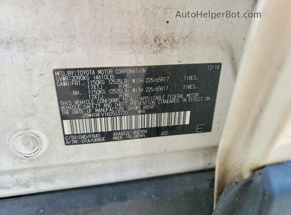 JTMH1RFV1KD503720 2019 TOYOTA RAV4 White Widok naklejki z numerem VIN