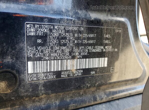 JTMH1RFV3KD009648 2019 TOYOTA RAV4 Black VIN კოდის სტიკერის ხედი