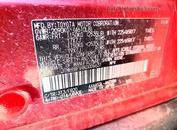 JTMH1RFV4KD006631 2019 TOYOTA RAV4 Красный Вид наклейки с VIN-кодом